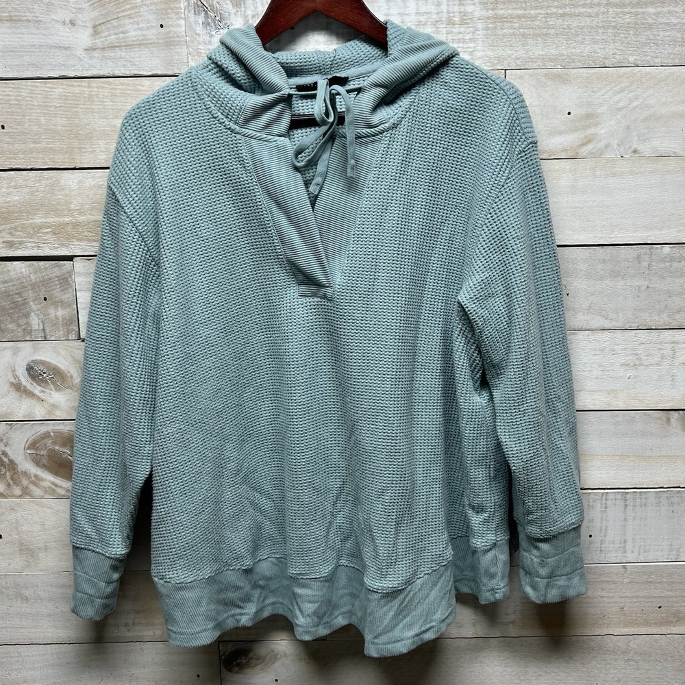 Jane Delancy Top Womens 1X Blue Waffle Knit Hooded Long Sleeve Pullover